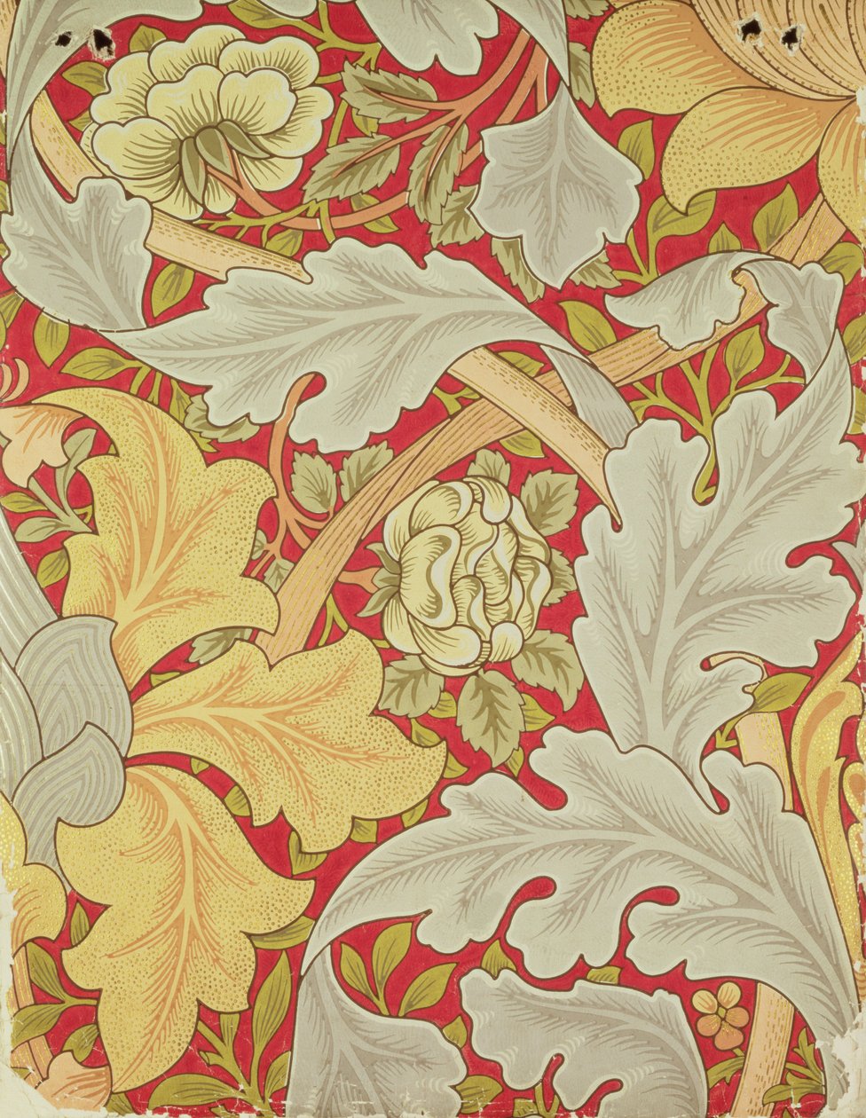Foglie di acanto e rosa selvatica su sfondo cremisi, design per carta da parati da William Morris