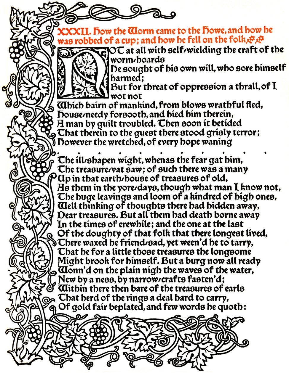 Kelmscott Press: Pagina da La storia di Beowulf stampata nel carattere Troy da William Morris