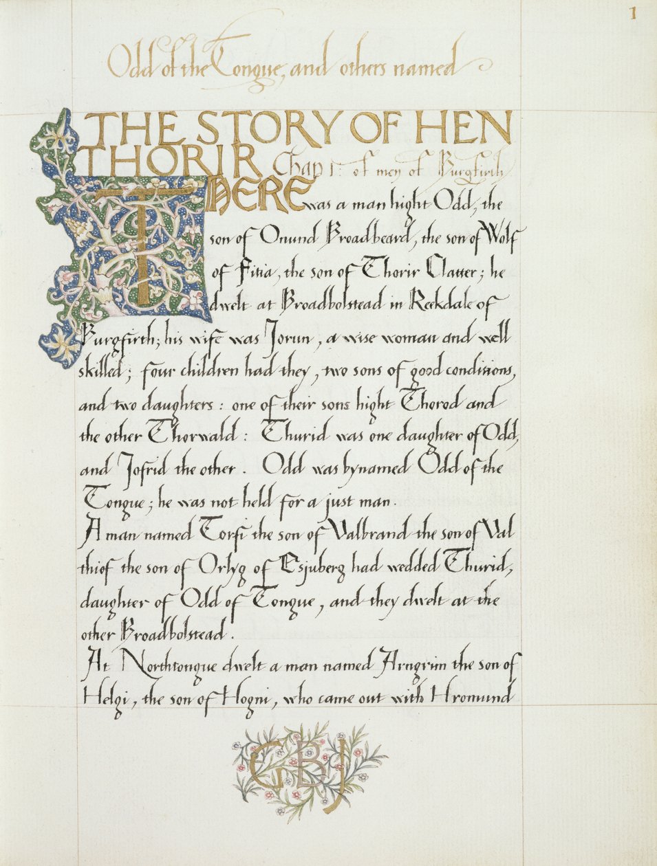 Ms 270* f.1r La storia di Hen Thorir, c.1873-4 da William Morris
