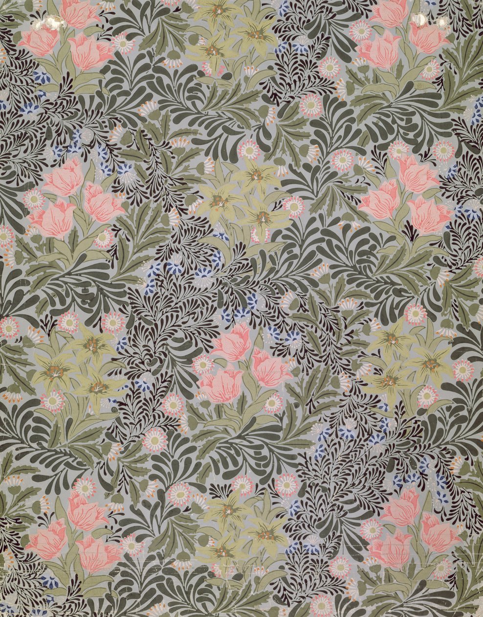 Disegno di carta da parati con tulipani, margherite e caprifoglio da William Morris