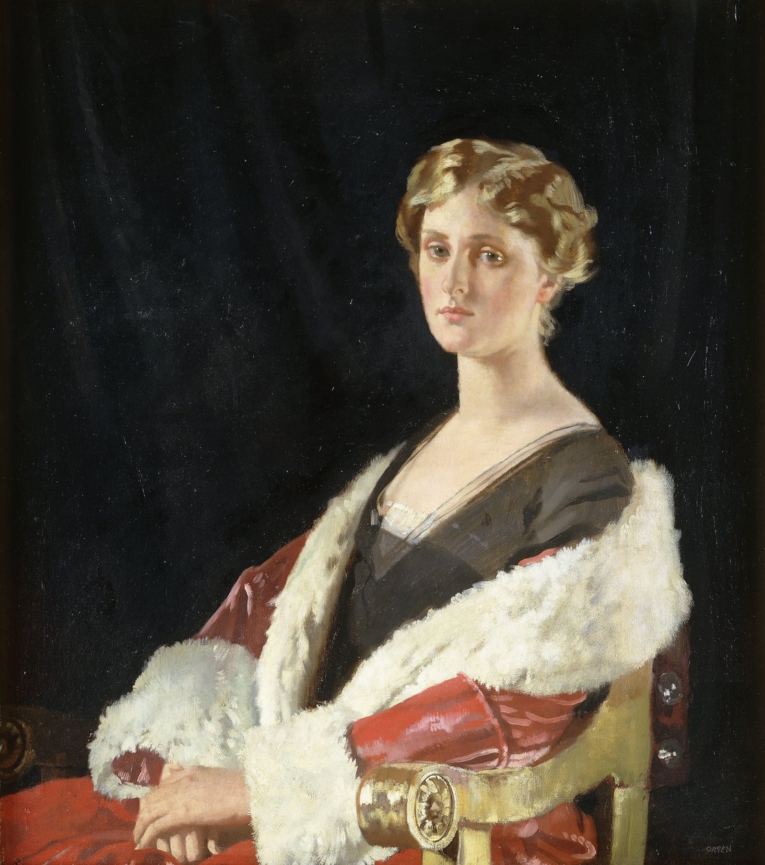 Ritratto di Nancy Oswald Smith, seduta a mezzo busto, in un cappotto foderato di pelliccia rossa da William Orpen