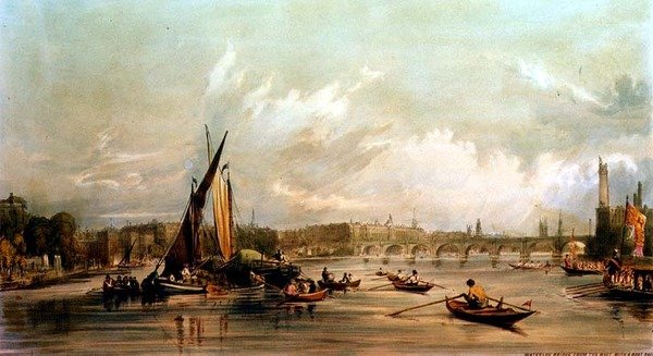 Ponte di Waterloo da ovest con una gara di barche (litografia) da William Parrott