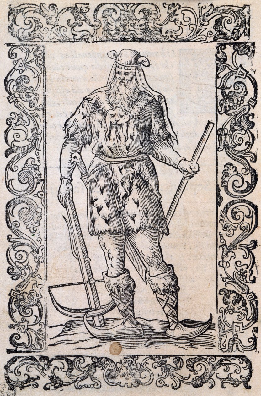 Uomo con abito di pelliccia, balestra e scarpe con punta attorcigliata (esempio di sci rudimentali), illustrazione attribuita a Cesare Vecellio (1521-1601), pubblicata in Italia nel XVI secolo da Nicolas Toussaint Charlet