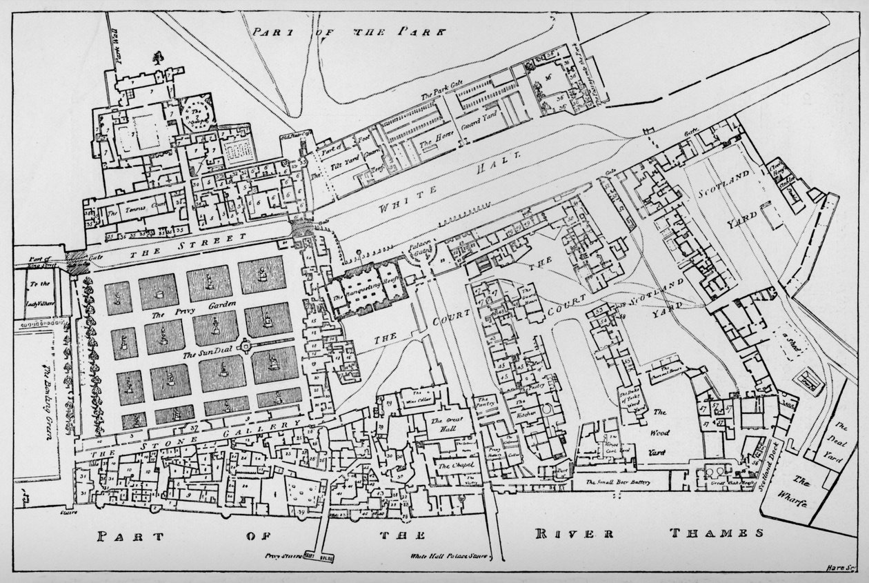 Una copia ridotta del piano del terreno di Fisher del Palazzo Reale di Whitehall, preso nel regno di Carlo da William Patten