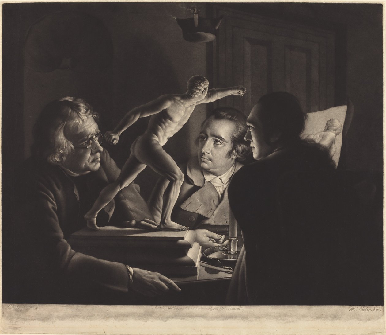 Tre persone che osservano il Gladiatore alla luce delle candele da William Pether after Joseph Wright