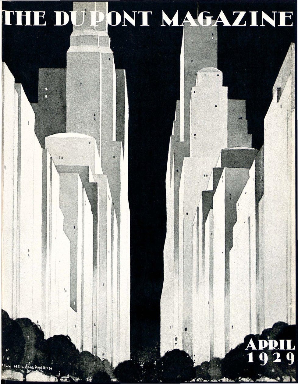 Grattacieli, copertina della rivista DuPont, aprile 1929 da William R. Jr. Hollingsworth