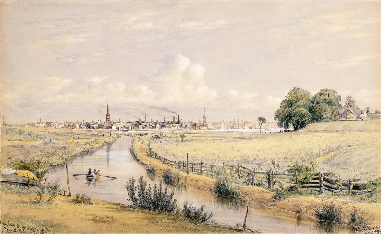 Jersey City con uno scorcio di New York dal canale di Bergen, 1854 da William Rickarby Miller