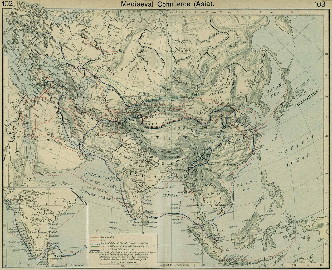 Commercio medievale in Asia. Dal The Historical Atlas da William Robert Shepherd