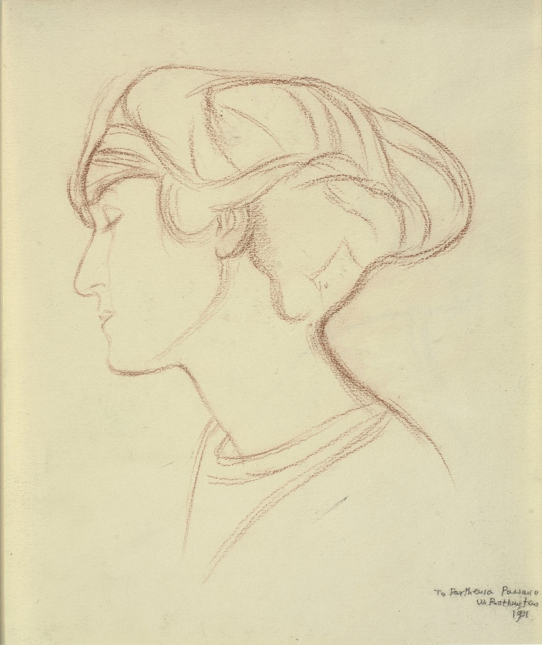 Testa di donna (Parthenia Passano?) di profilo a sinistra da William Rothenstein