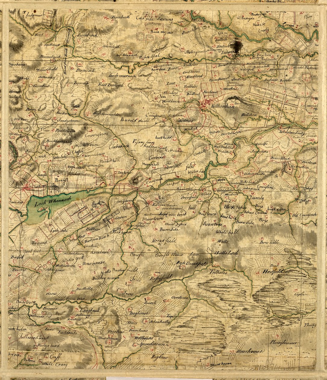 Mappa di Roy della Scozia meridionale, contenente Loch Whinnoch da William Roy