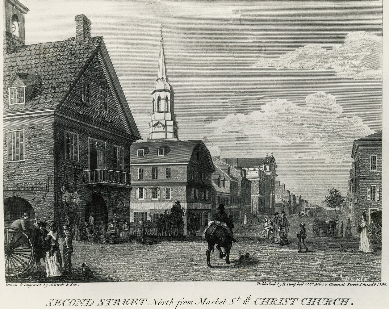 Second Street North da Market Street e Christ Church, Philadelphia, disegno di William Russell Birch (1755-1834), stampato da R Campbell, Stati Uniti d