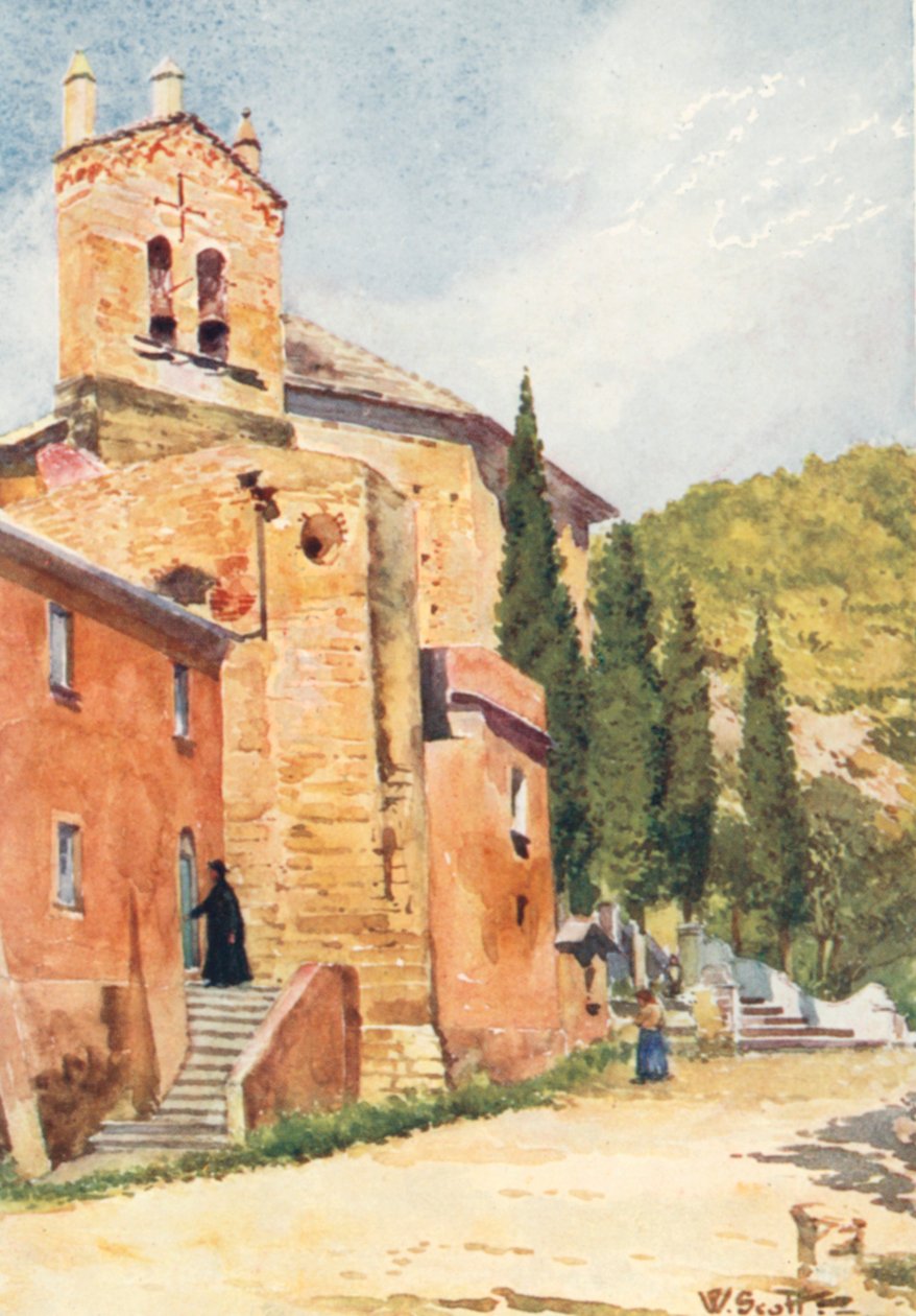 Chiesa di Perti, presso Castello Gavone (litografia a colori) da William Scott