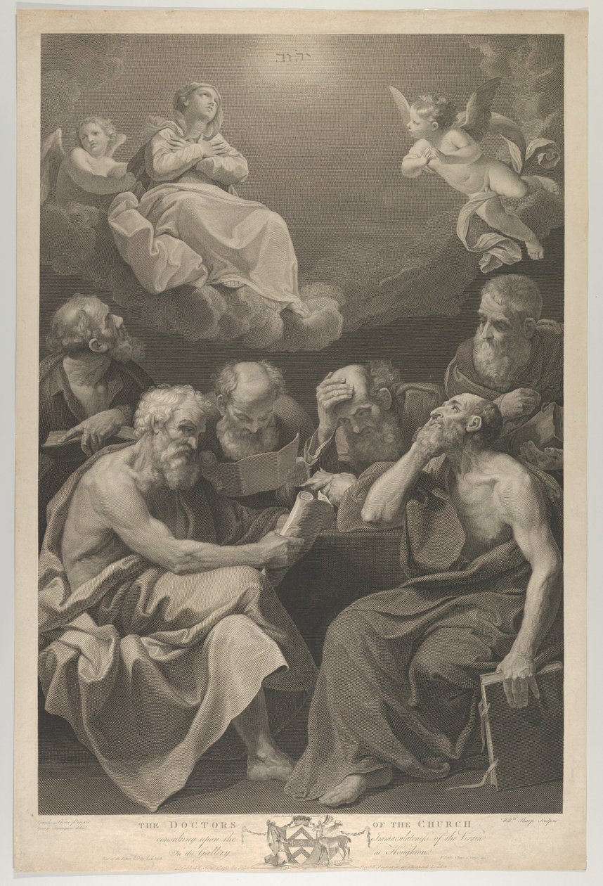 I dottori della chiesa consultano libri e documenti e contemplano la Vergine che..., 1785 da William Sharp