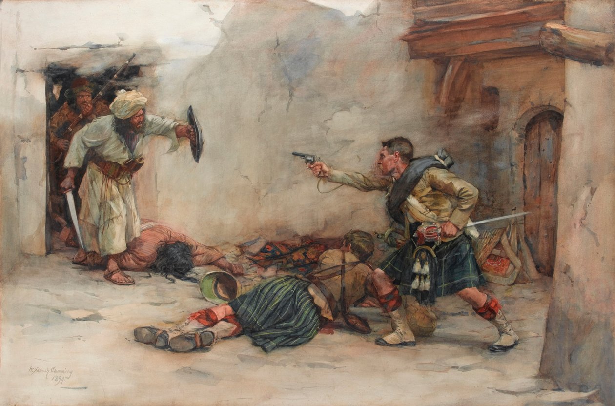 Tamburino James Roddick del 92º Gordon Highlanders, difendendo il tenente Menzies durante il combattimento corpo a corpo a Kandahar da William Skeoch Cumming