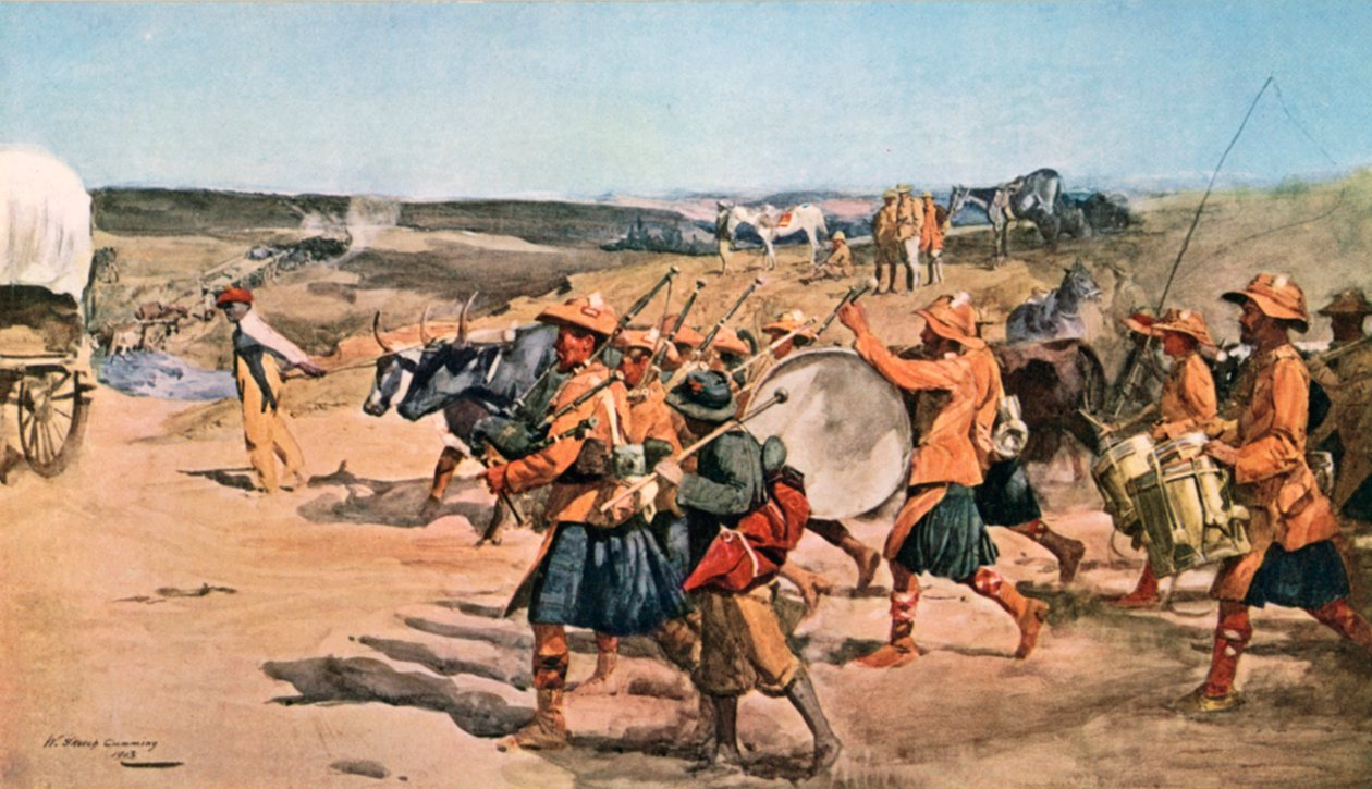 Oltre il Veldt. Tamburi e pifferi del 91° (Argyllshire) Highlanders (litografia a colori) da William Skeoch Cumming