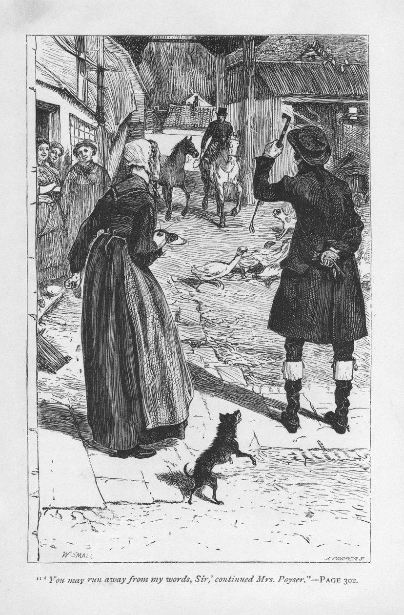Mrs Poyser, moglie dello zio contadino di Hetty Sorrel, Martin Poyser, con il Squire Donnithorne, il cui figlio Arthur ha sedotto Hetty. Mrs Poyser è probabilmente il personaggio comico di maggior successo di George Eliot. Adam Bede di George Eliot, prima  da William Small