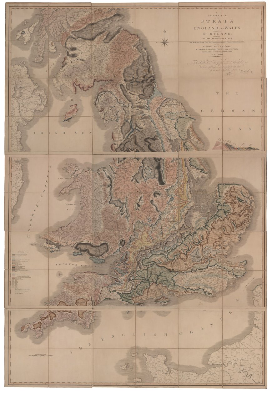 Delineazione degli Strati di Inghilterra e Galles con una Parte della Scozia La prima mappa geologica da William Smith
