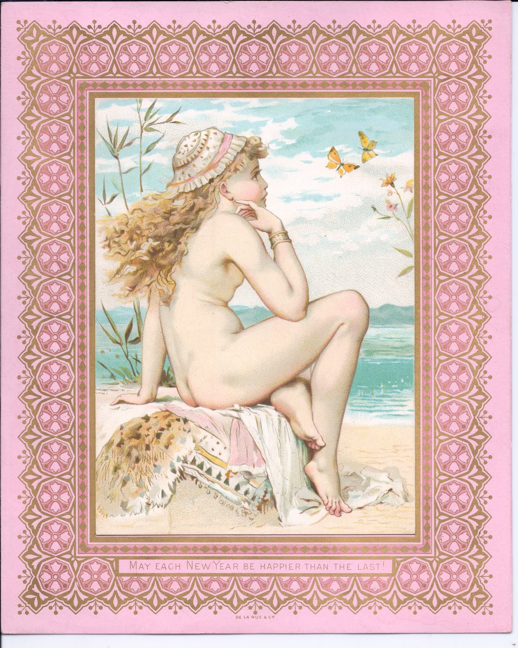 Cartolina di Capodanno vittoriana di una bellezza in spiaggia, c.1881 da William Stephen Coleman