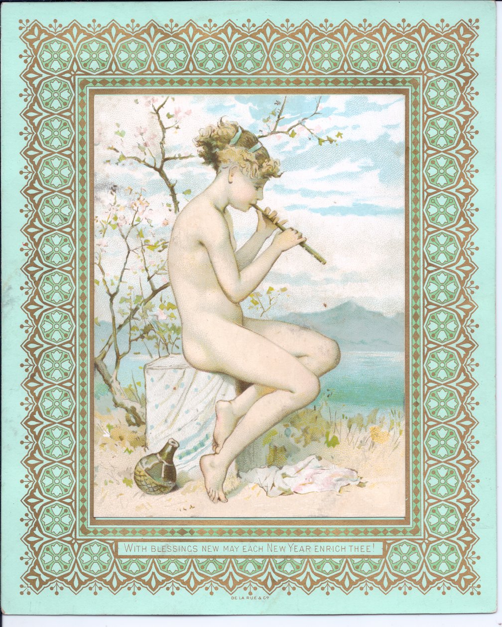 Cartolina di Capodanno vittoriana di una bellezza in spiaggia che suona un flauto, c.1881 da William Stephen Coleman