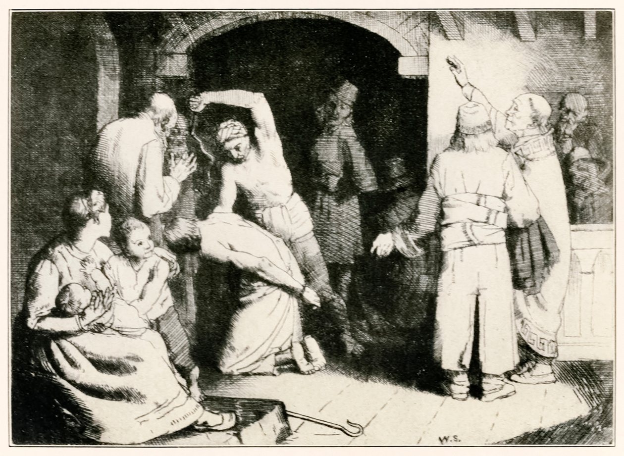 La flagellazione di Faithful da Il progresso del pellegrino da questo mondo a quello che verrà di John Bunyan (1628-1688) illustrazione di William Strang (1859-1921) da William Strang