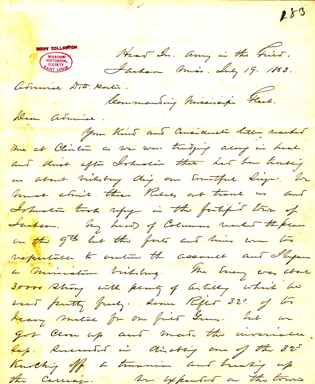 Lettera di W. T. Sherman, quartier generale, Esercito sul campo, Jackson, Mississippi, a [David D.] Porter, 19 luglio 1863 da William T. Sherman