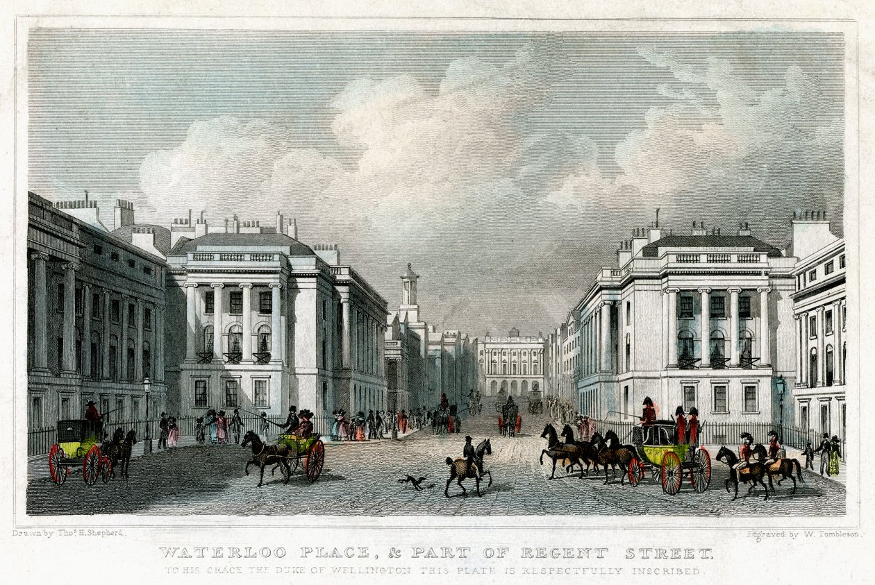 Waterloo Place e parte di Regent Street, Westminster, Londra, 1828 da William Tombleson