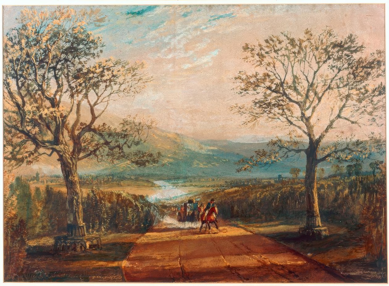 Carrozza su strada attraverso la valle, brughiere dietro da Joseph Mallord William Turner
