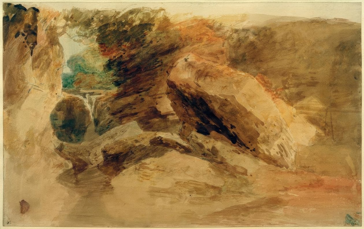 Rocce sotto una scogliera, con un ruscello che cade in un canale stretto da Joseph Mallord William Turner