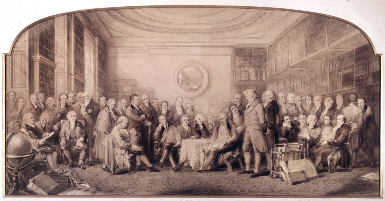 Gli eminenti uomini di scienza nel 1807-1808. Riunione nella biblioteca del Royal Institute of Sciences, Inghilterra. Incisione di William Walker e Sir John Gilbert da William Walker