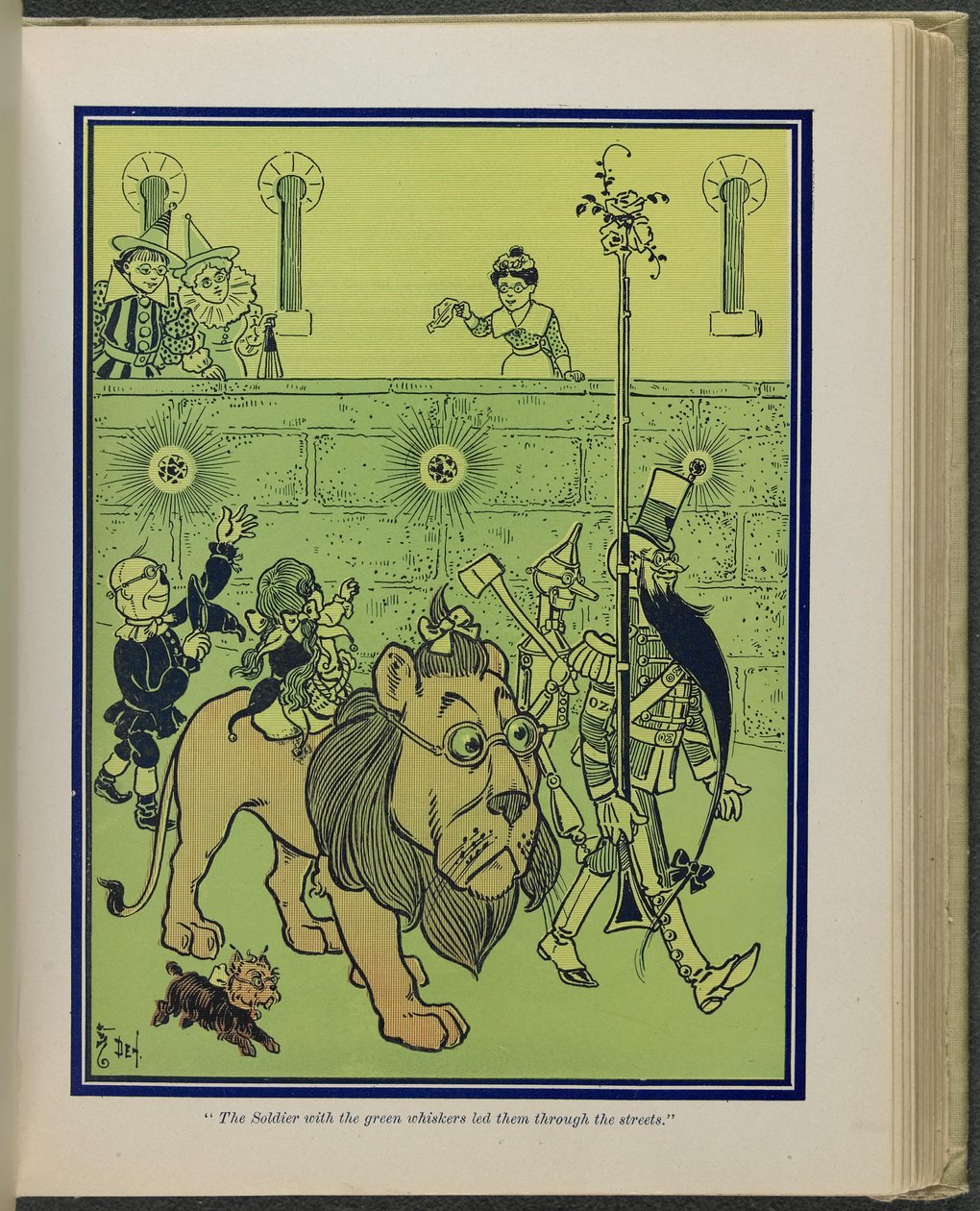 "Il soldato con i baffi verdi li guidò per le strade", illustrazione da "Il meraviglioso mago di Oz" di Lyman Frank Baum da William Wallace Denslow