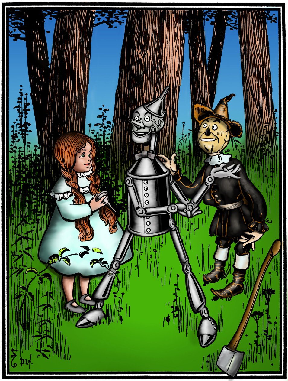 Il mago di Oz: disegno di Denslow, William Wallace (1856-1919) per la prima edizione del 1900 del libro di Frank Baum (1856-1919) - Dorothee (Dorothy) assistita dallo spaventapasseri, aiuta il boscaiolo di latta da William Wallace Denslow