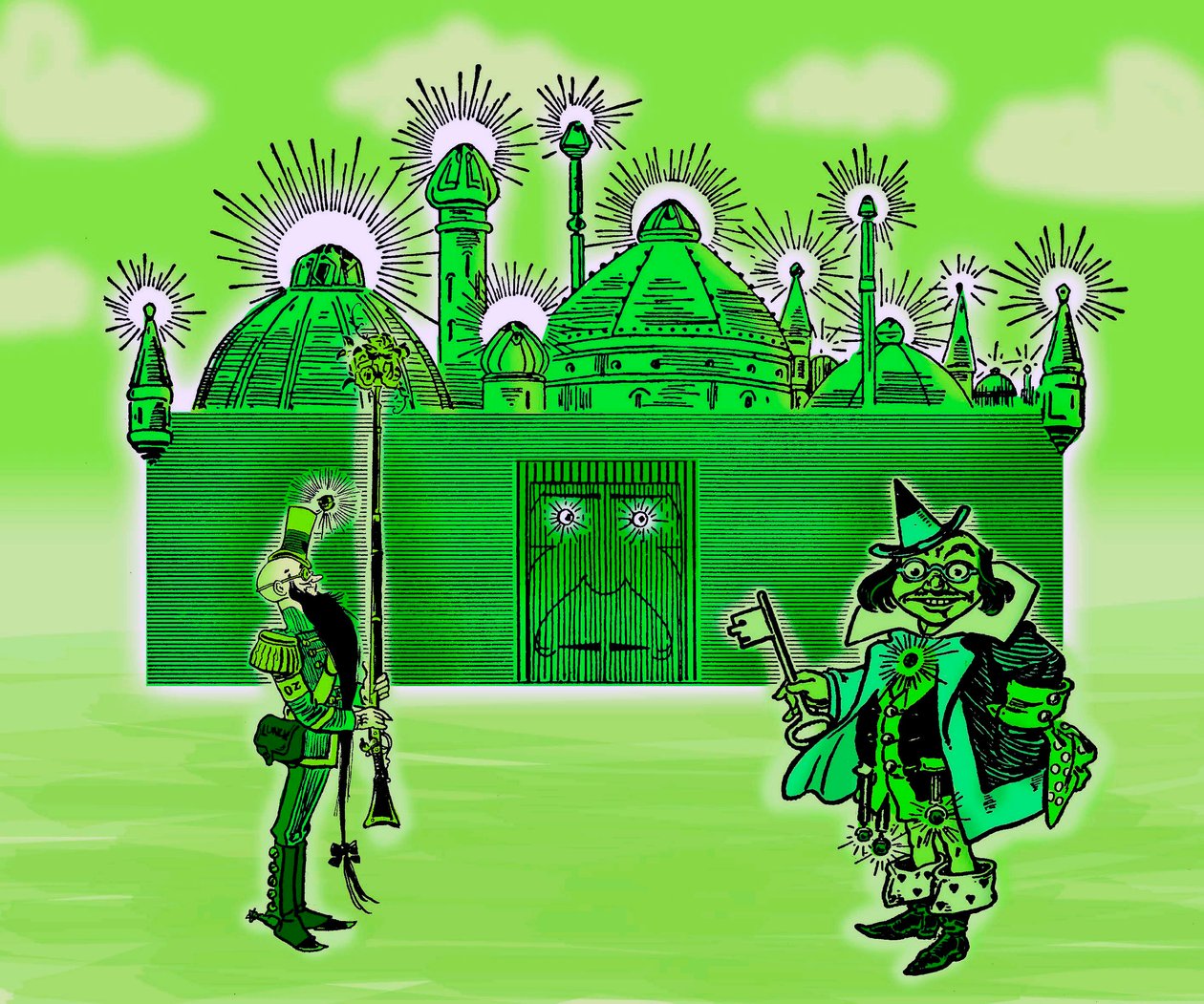 Il meraviglioso mago di Oz - Il mago di Oz: Montaggio di tre immagini di Denslow, William Wallace (1856-1915) per la prima edizione del 1900 del libro di Frank Baum (1856-1919) - La città di smeraldo e i suoi due guardiani - colore verde, verde - La città  da William Wallace Denslow