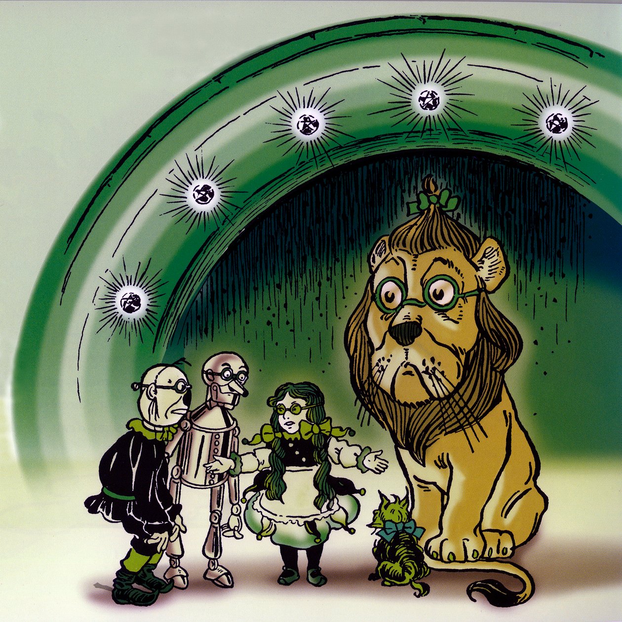 Il Meraviglioso Mago di Oz - Il Mago di Oz: disegno di Denslow, William Wallace per una delle prime edizioni del libro di Frank Baum - Davanti al Palazzo della Città di Smeraldo Dorothee (Dorothy) e i suoi amici, il cane Toto, lo spaventapasseri da William Wallace Denslow