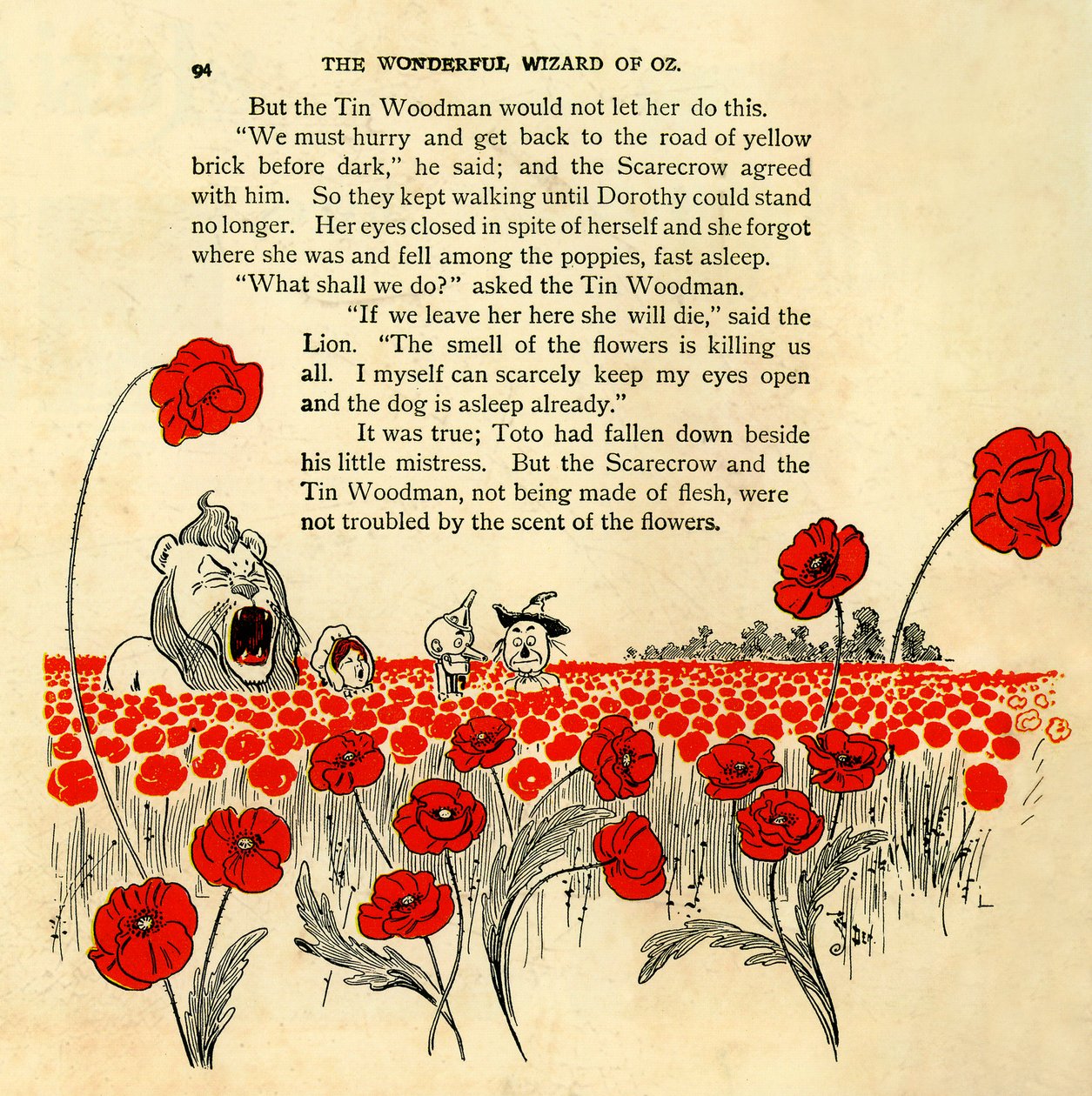 Il meraviglioso mago di Oz - capitolo VIII: il campo di papaveri mortali - Il mago di Oz: capitolo 8 - una pagina illustrata da Denslow, William Wallace (1856-1915) della prima edizione del 1900 del libro di Frank Baum (1856-1919) - Dorothee (Dorothy) e il da William Wallace Denslow