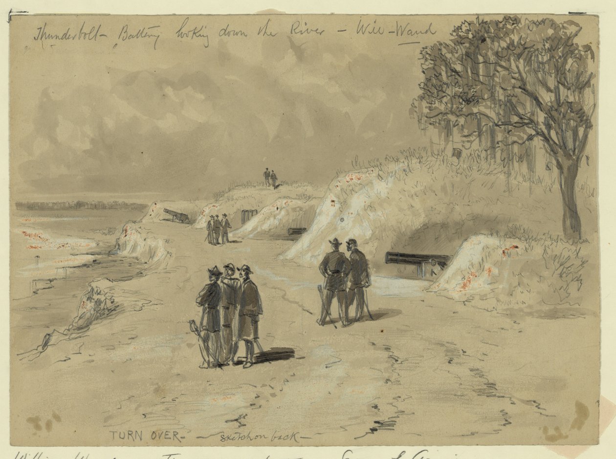 Batteria Thunderbolt guardando giù il fiume da William Waud