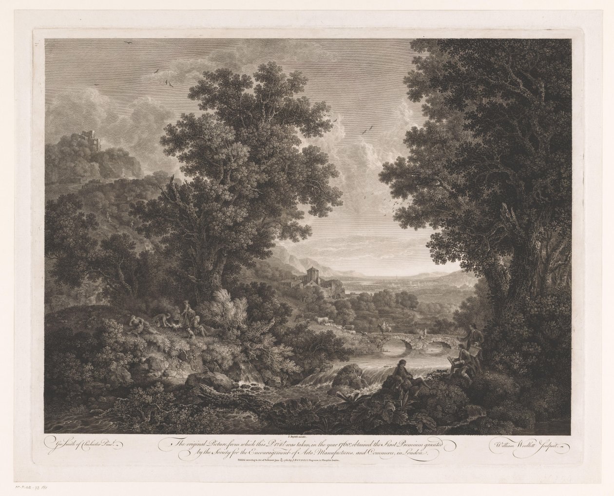 Paesaggio con figure intorno a un fuoco e disegnatore e suonatore di ciaramella sulla riva di un fiume da William Woollett