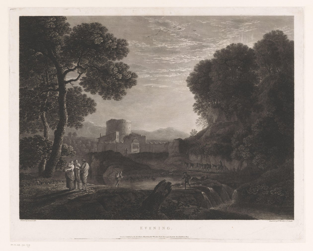 Paesaggio con porta e torre sulla riva di un fiume (Sera) da William Woollett