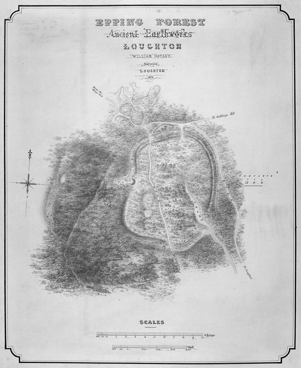 Mappa delle antiche opere di terra a Loughton Camp realizzata intorno al 52 d.C. nella Foresta di Epping, Essex, 1876 da William d