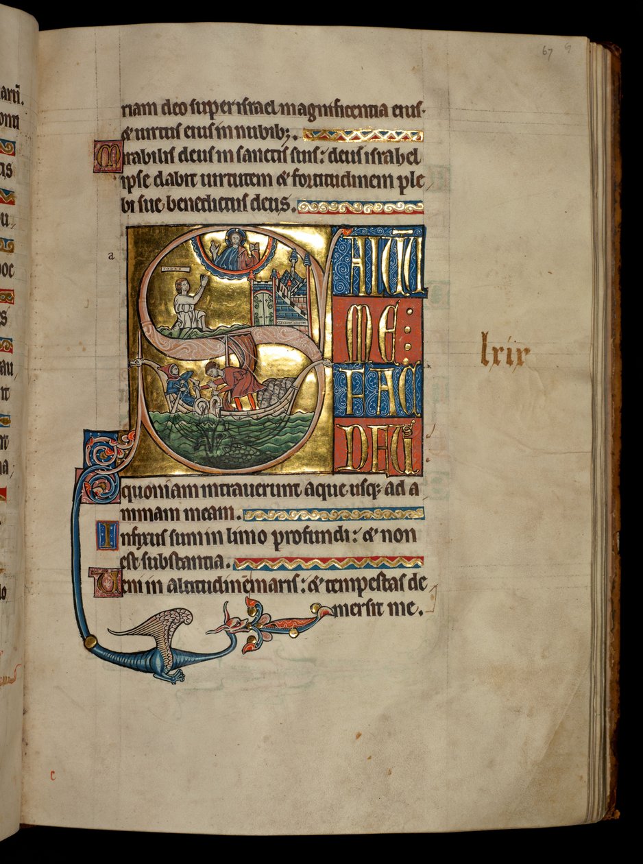 Ms 322 f.67r, Salmo 68, iniziale S, Giona che prega Cristo all