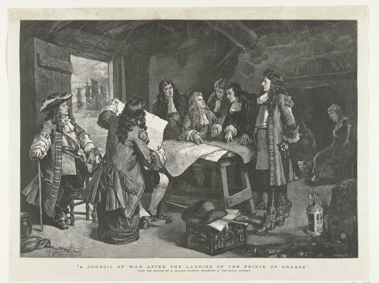 Guglielmo III tiene un consiglio di guerra in una capanna di pescatori, 1688 da Williamson