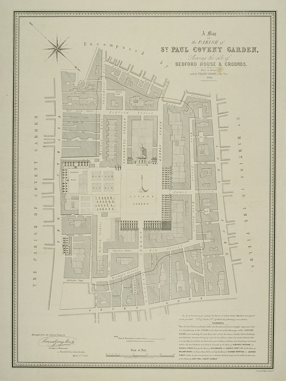Mappa della parrocchia di St. Paul, Covent Garden, che mostra il sito di Bedford House e dei suoi giardini, pubblicata da W.P. Metchim, 1686 da Willian Leybourn
