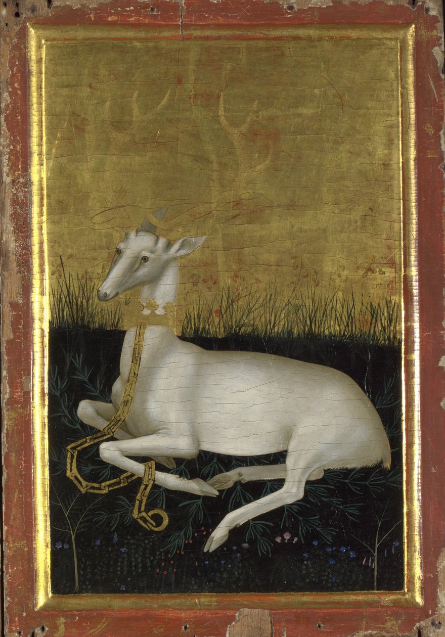 Un cervo bianco incatenato con una corona intorno al collo Il pannello esterno del Dittico di Wilton, tra il 1395 e il 1399 da Wilton Master