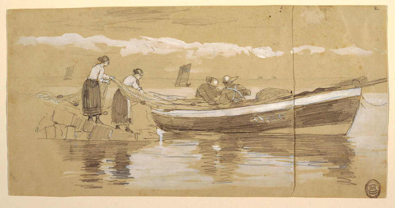 Disegno, Pescatore e donne che ripongono reti in una dory arenata, Cullercoats, Inghilterra da Winslow Homer