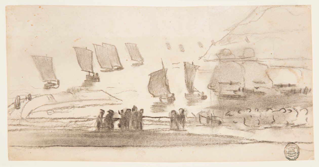 Disegno, Scena di spiaggia con persone e barche da pesca, Cullercoats, Inghilterra, 1881-82 da Winslow Homer