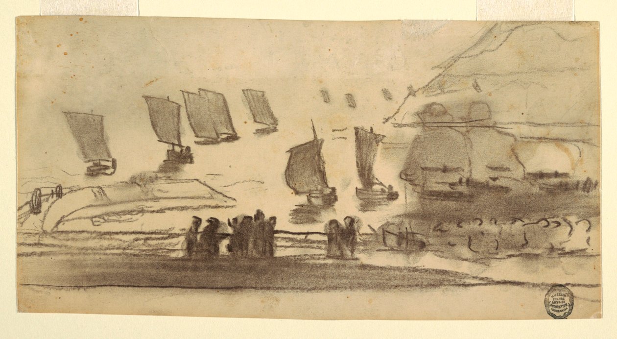 Disegno, Scena di spiaggia con persone e barche da pesca, Cullercoats, Inghilterra, 1881-82 da Winslow Homer