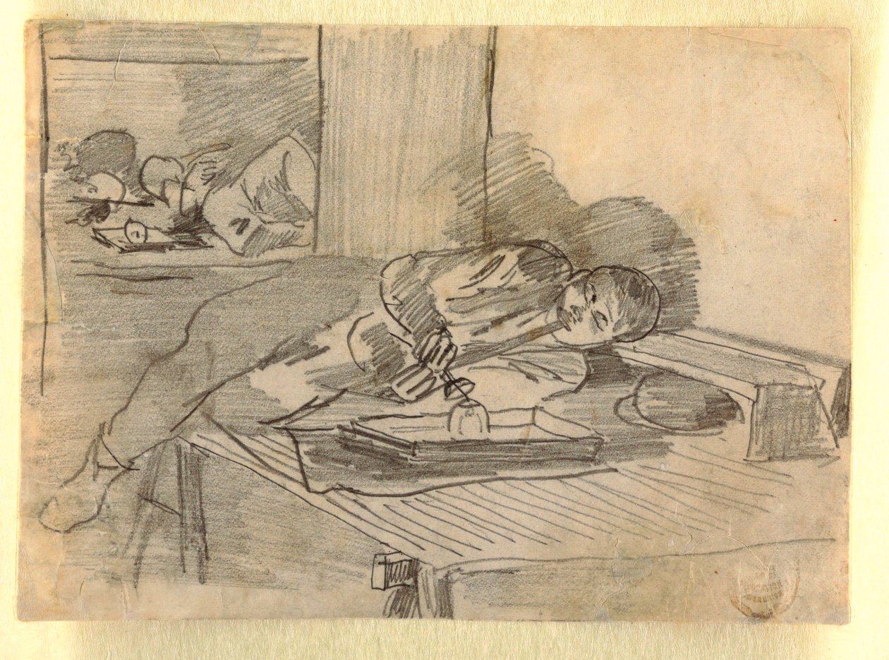 Disegno, uomo cinese che fuma una pipa di oppio, Club House di Baxter Street, New York City, 1874 ca. da Winslow Homer
