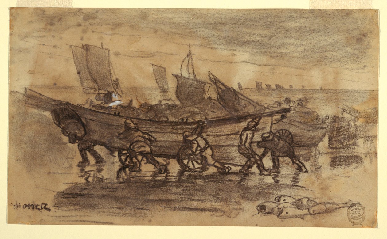 Disegno, Pescatori che spiaggiano un dory, Cullercoats, Inghilterra, 1881 da Winslow Homer