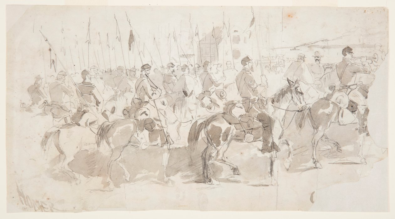 Disegno del sesto reggimento di cavalleria del generale McClellan che si imbarca ad Alessandria per Old Point Comfort, 2 aprile 1862. da Winslow Homer