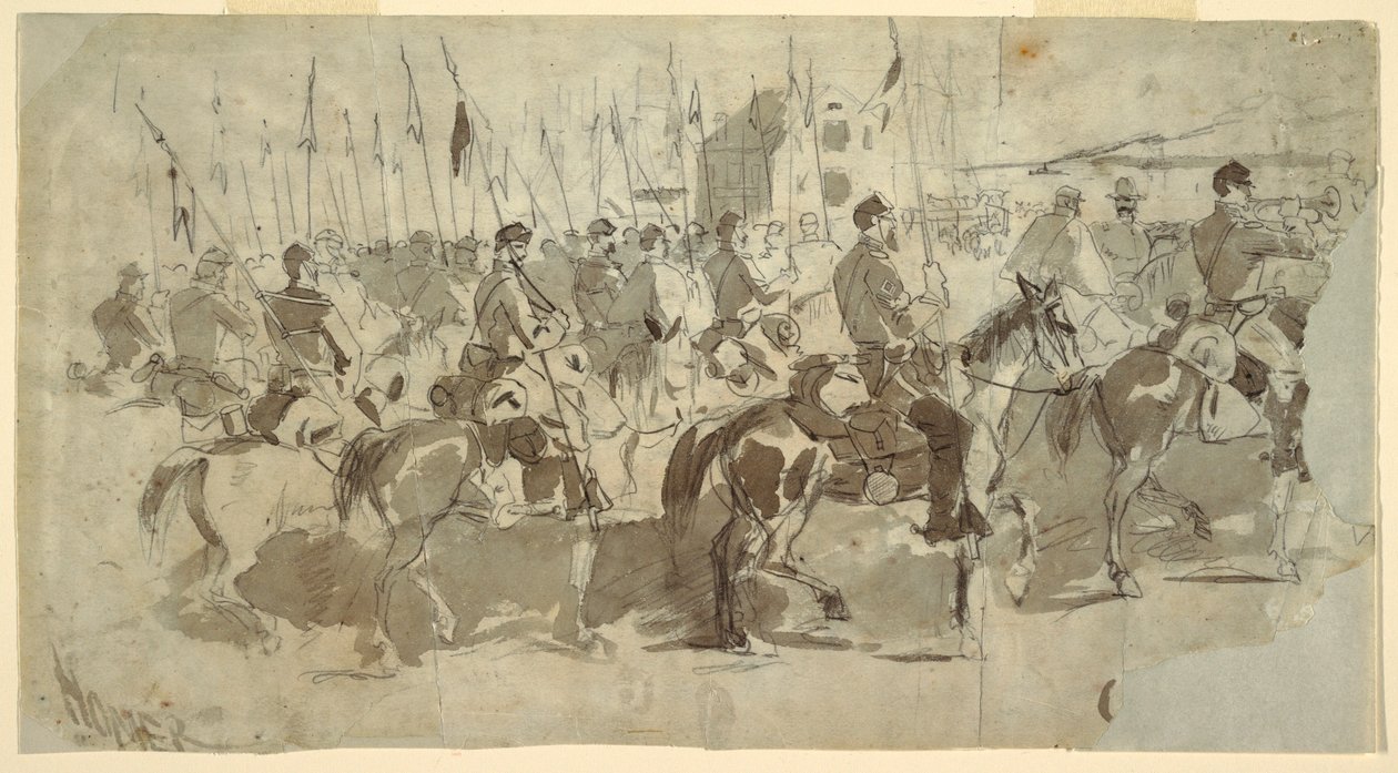 Disegno del sesto reggimento di cavalleria del generale McClellan che si imbarca ad Alessandria per Old Point Comfort, 2 aprile 1862. da Winslow Homer