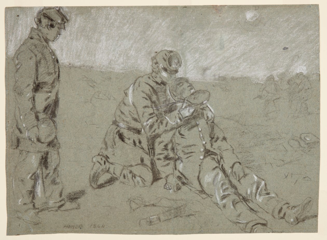 Disegno, soldato che dà acqua a un compagno ferito, 1864 da Winslow Homer